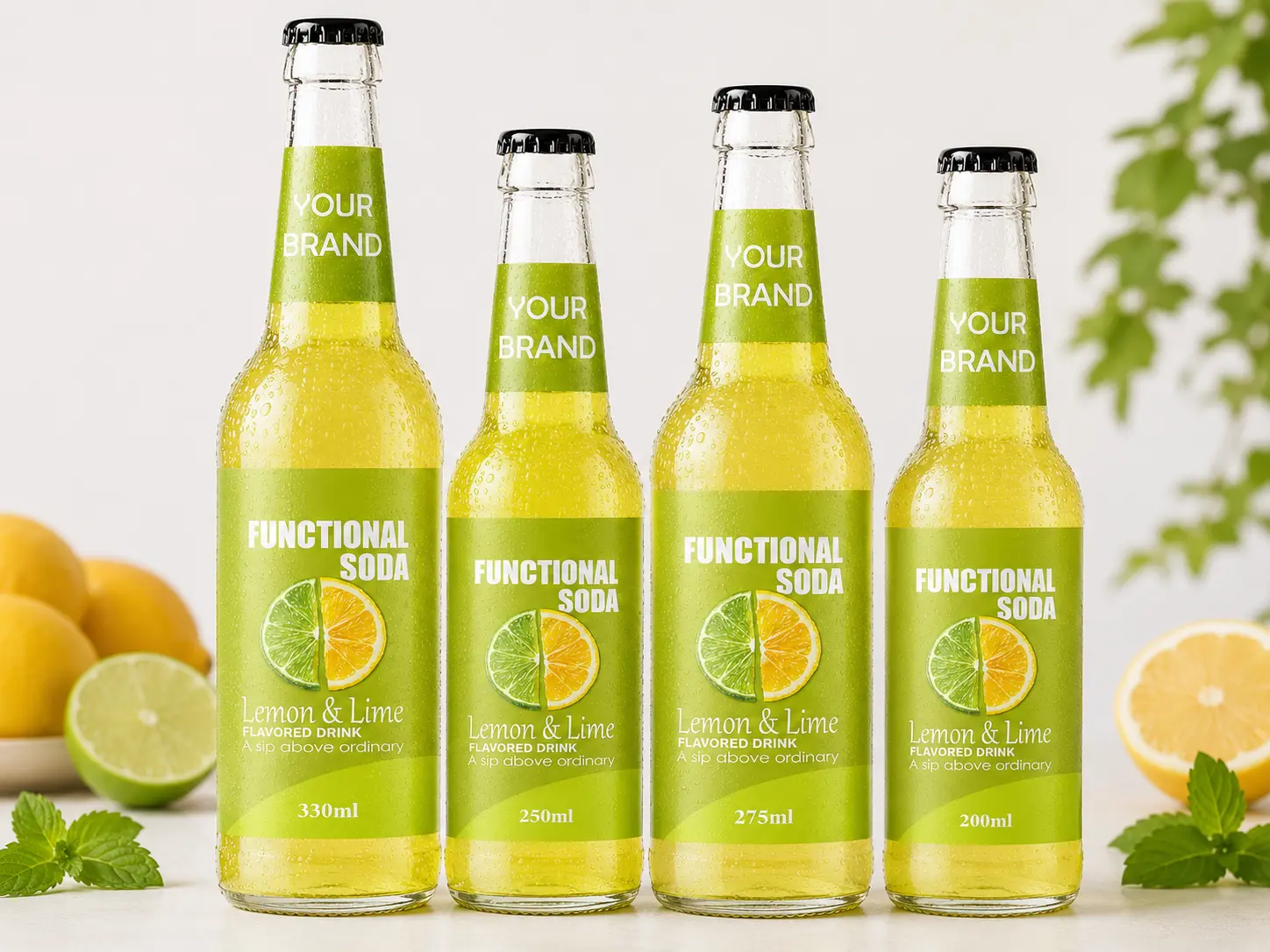 FUNCTIONAL SODA Lemon and Lime Flavored Drink in 200ml, 250ml, 275ml and 330ml glass bottles.